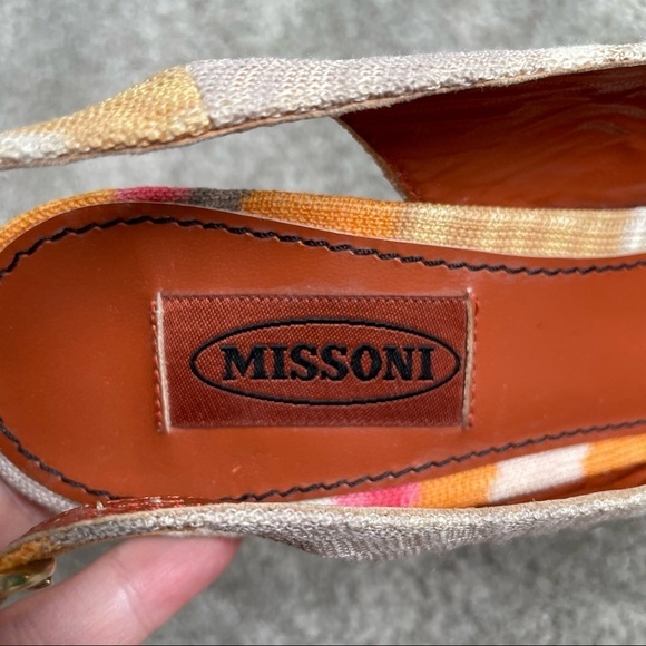 Missoni Multicolor Ikat Printed Fabric Leather Slingback Peep Toe Platform Heels - Picture 9 of 10